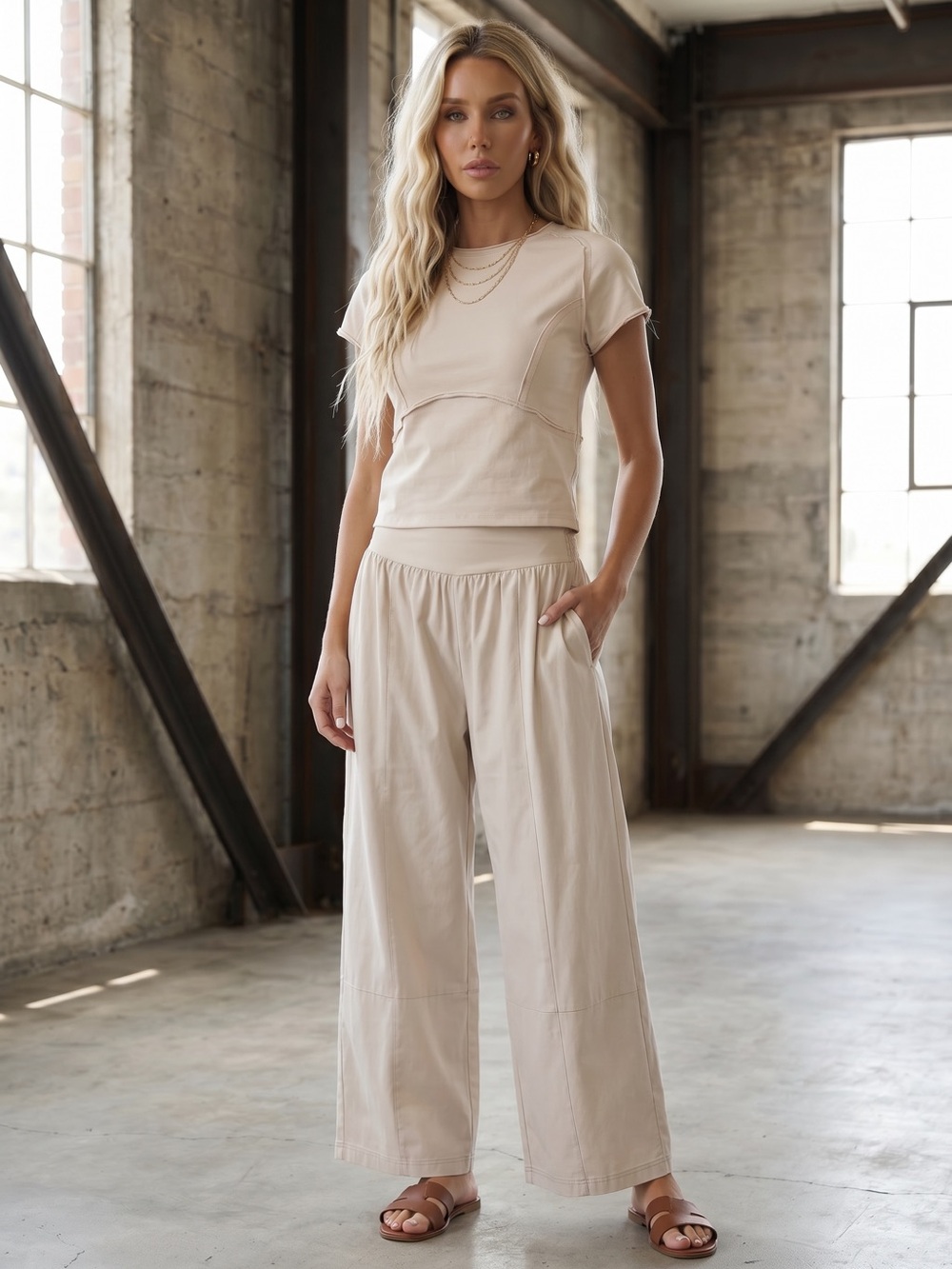 NWT Eesome Bone Two 2 Piece Crop Top and Wide Relaxed Barrel Pants Set